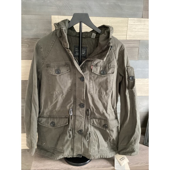 NWT LEVIS Womans Army Green Utility Cargo Jacket Multi Pockets & Hood Size Med